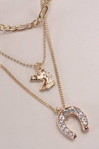 TRIO LAYERED HORSE CHARM HORSESHOE NECKLACE