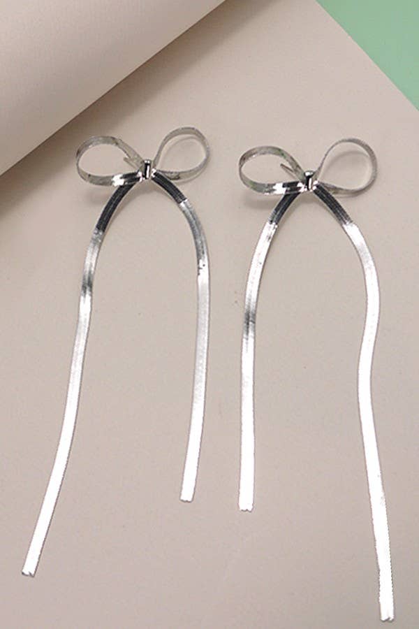 HERRINGBONE SNAKE CHAIN LONG BOW EARRINGS | SILVER