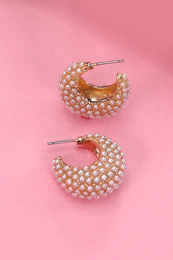 PEARL PAVE GOLD HALF MOON HUGGIE HOOP EARRINGS