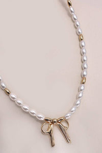 BOW RIBBON PEARL GOLD MIX CHAIN NECKLACE