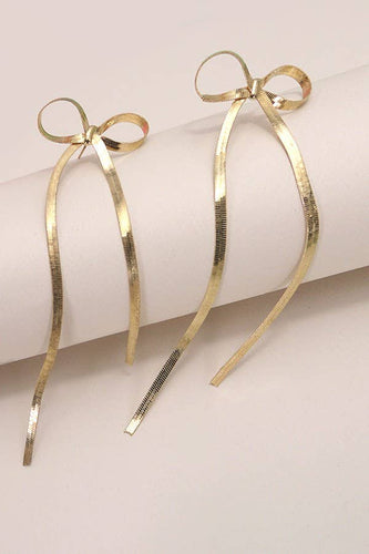 HERRINGBONE SNAKE CHAIN LONG BOW EARRINGS | GOLD