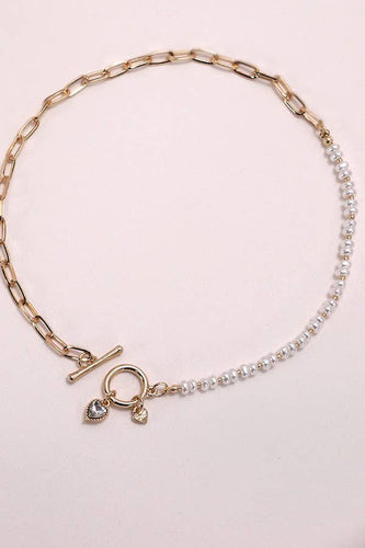 GOLD PEARL HEART CHARM TOGGLE NECKLACE