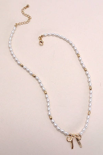 BOW RIBBON PEARL GOLD MIX CHAIN NECKLACE