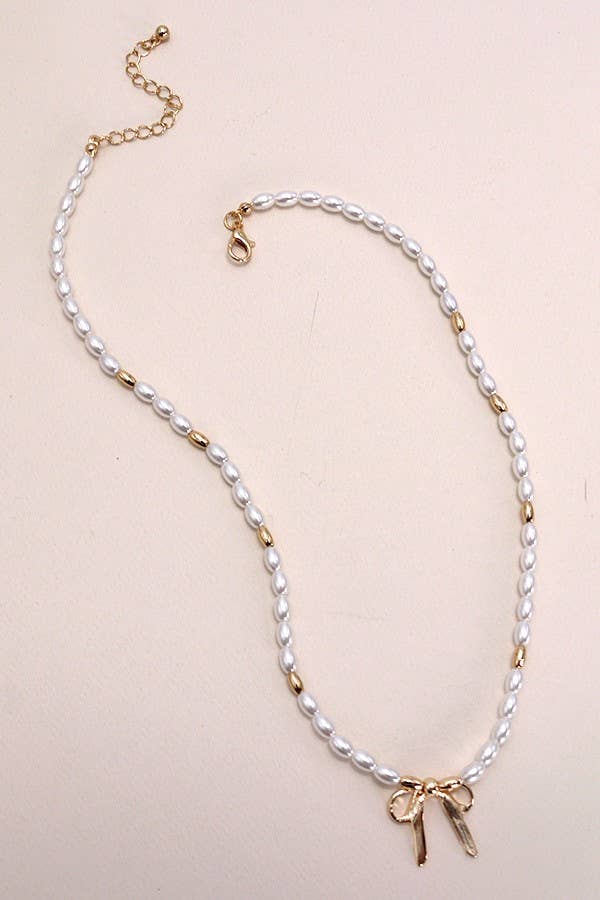 BOW RIBBON PEARL GOLD MIX CHAIN NECKLACE